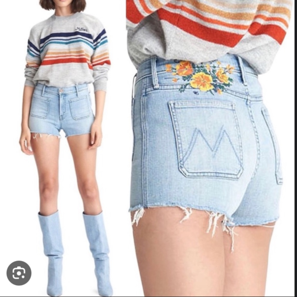 MOTHER Denim Patchie Shorts sz 25 Poppy Fields back pocket